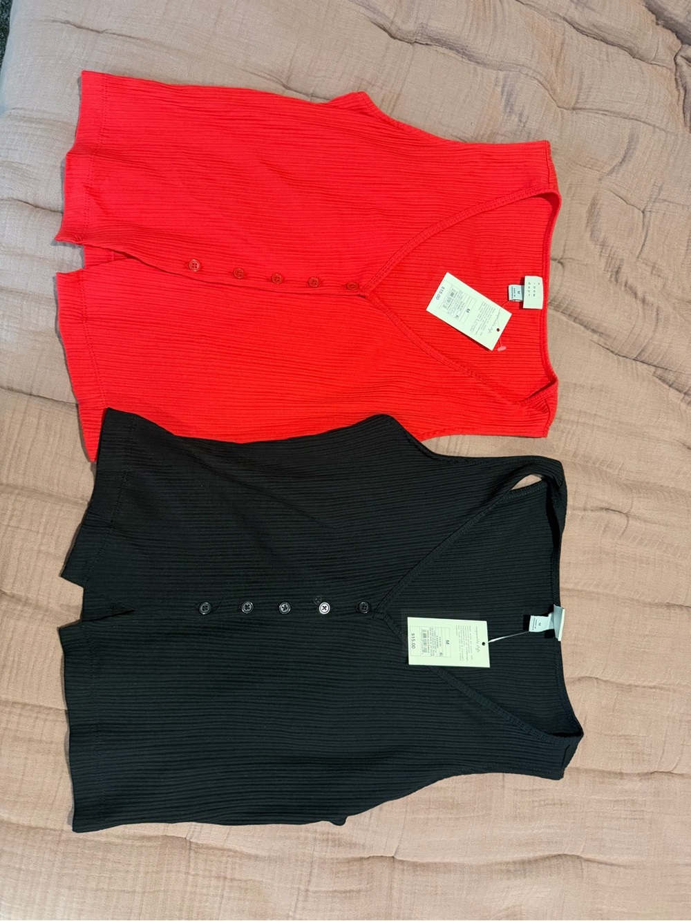 a new day Red and Black Ribbed Button-Front Tank Tops